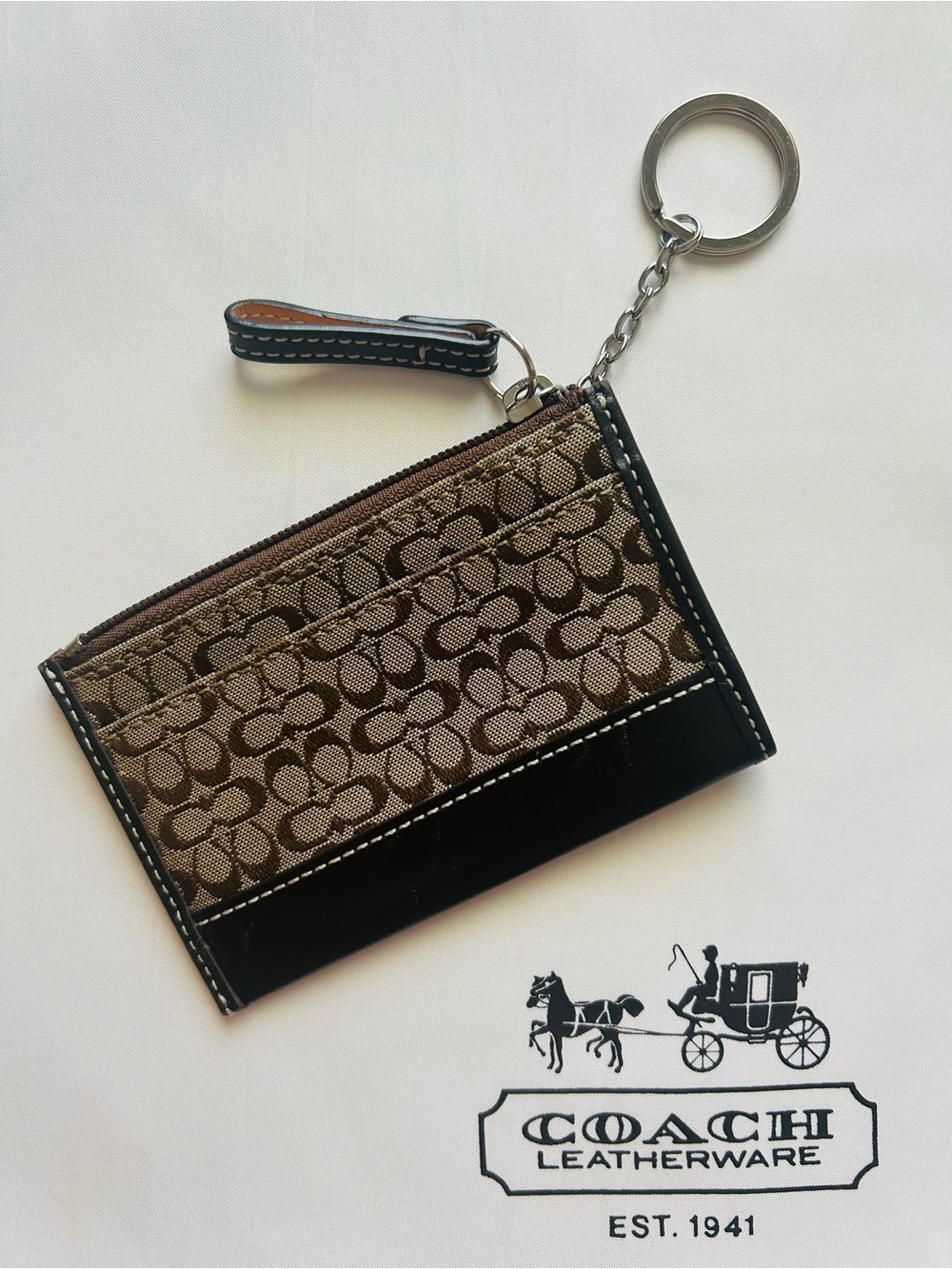 🤎Coach🖤 Signature Leather & Canvas Card Case Keychain - Brown/Black